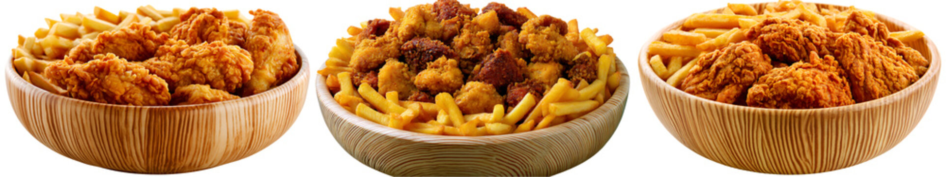 Three wooden bowls with fried chicken and french fries, isolated on transparent background