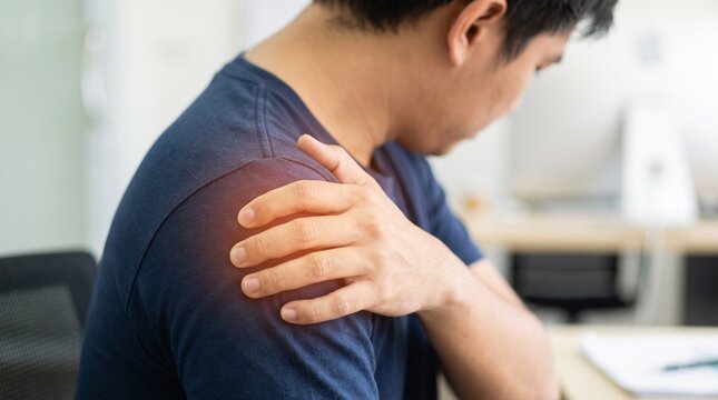 Person holding their shoulder experiencing shoulder pain or rotator cuff injury with a red pain indicator in an office setting.