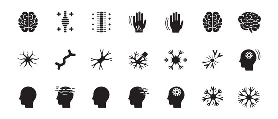 Fototapeta premium Neurology Disease and Peripheral Neuropathy Nerve Symptoms with Tremor and Brain Silhouette Solid Glyph Icon Set Vector Icon