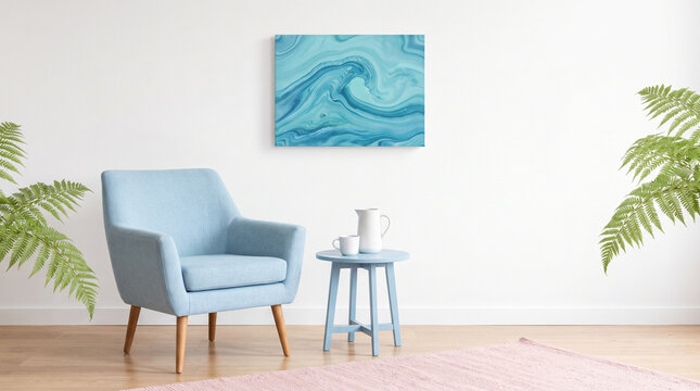 Minimalist Coastal Living Room with Light Blue Armchair Acrylic Wave Art Painting and Fern Plants