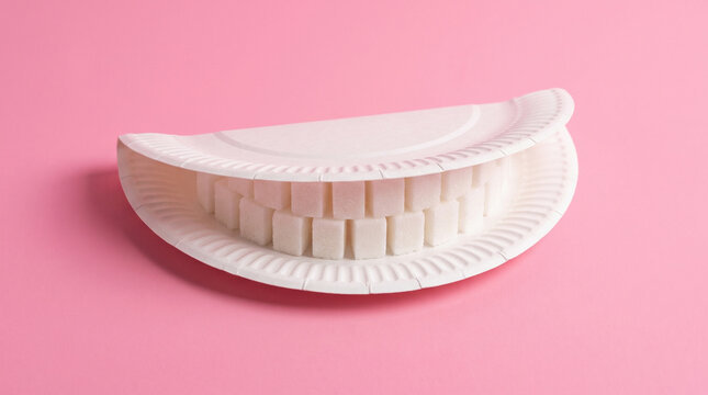 Sugar Cubes Arranged as Teeth in Paper Plate Mouth Surreal Unhealthy Food Concept on Pink Background
