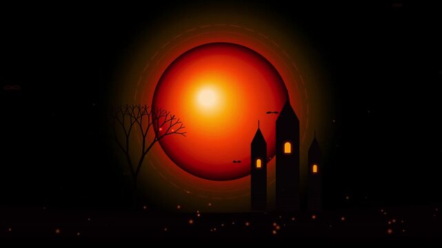 Animated halloween night background featuring glowing red blood moon with silhouette of dark castle and bare tree branches under flock of flying bats and sparks.