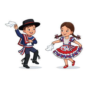 Cartoon illustration of a young boy and girl performing the Chilean national dance Cueca in traditional huaso and china costumes on white background