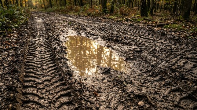 Deep tire tracks in muddy forest road with water puddle reflecting autumn trees illustrating off road driving conditions and autumn weather