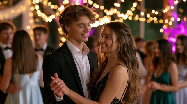 Teenage couple dancing intimately at a formal school dance with bokeh lights and festive decor