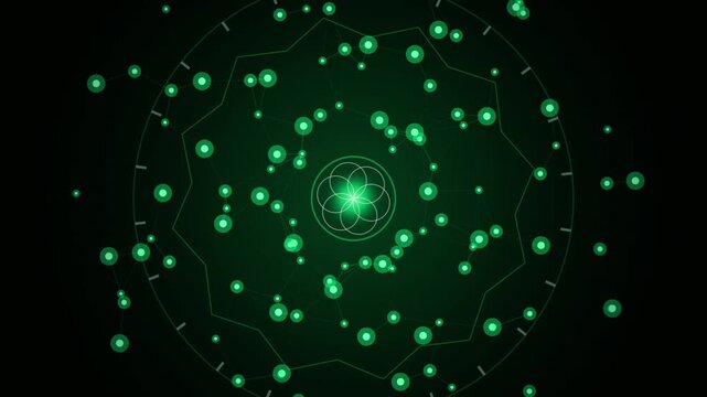 Abstract futuristic green glowing particles moving on a dark background creating a network with lines connecting dots forming geometric patterns motion graphic animation.