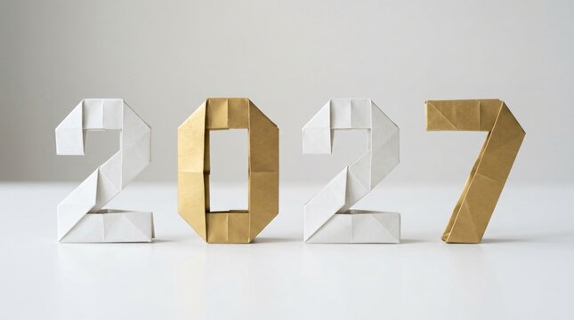 2027 origami year numbers. White and gold folded paper digits lined up on a white surface. Minimalist holiday greeting card background and creative calendar design concept photo
