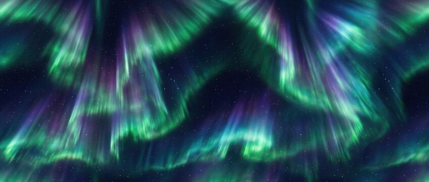Vibrant aurora borealis display with glowing green and purple light ribbons against a dark starry night sky background