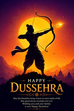 Lord rama silhouette with bow and arrow against sunset sky for happy dussehra festival greeting