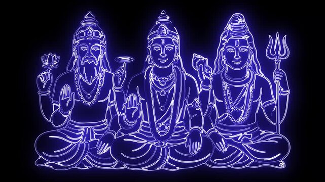 Brahma Vishnu Maheshwara Gods Symbol with Glowing Blue Neon Light Path Effect on Plain Black Background for Video Editing, Motion Graphics and Stock Footage