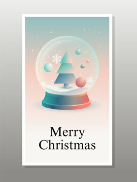 Minimalist Merry Christmas Greeting Card Design Featuring a Stylized Glass Snow Globe with a Modern Geometric Christmas Tree and Soft Pastel Gradient Background