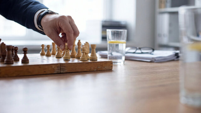 Businessman hand playing a game of chess on a wooden board inside a bright office setting today.