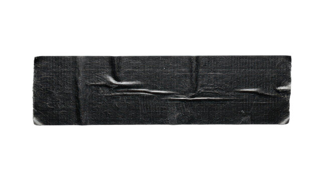 Black gaffer tape strip with wrinkled texture, industrial adhesive duct tape piece, dark plastic electrical tape for design mockups isolated on Transparent Background