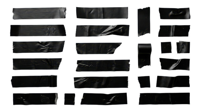 Black duct tape strips collection, torn adhesive electrical tape pieces, wrinkled plastic masking tape set for collage and design isolated on Transparent Background