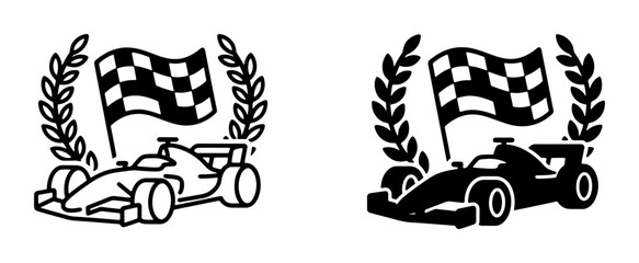 Obraz premium Formula 1 Racing Car Vector Icons, Checkered Flag and Laurel Wreath, Motorsport Victory Symbols, Black and White Graphics for Sports and Competition Themes