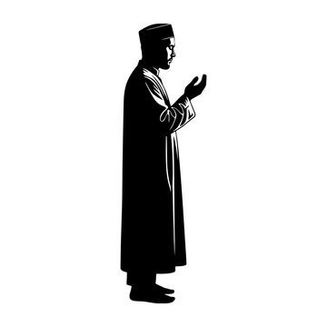 Black and white illustration of a Muslim man praying.