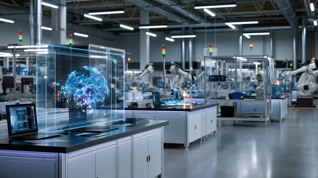 Holographic brain projection in a futuristic high-tech laboratory with robotic arms and digital displays