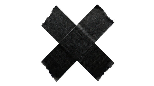 Two intersecting strips of black duct tape forming an x shape, isolated on transparent background