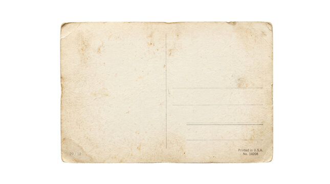 Vintage postcard back with aged paper texture, antique blank mailer with weathered stains, retro correspondence card for scrapbooking isolated on Transparent Background