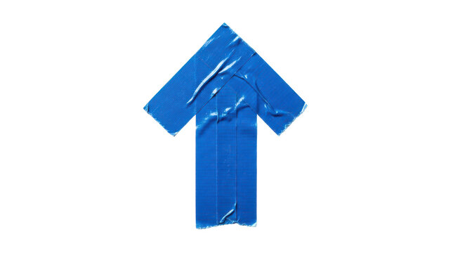 Blue adhesive tape arrow pointing up, wrinkled duct tape directional symbol, industrial gaffer tape sign for navigation and growth isolated on Transparent Background