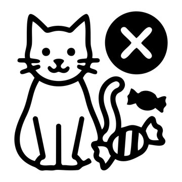 Warning sign with a cat indicating that certain Halloween candies are not safe for pets to consume icon flat style