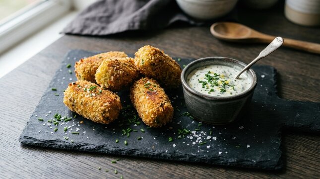 Delicious crispy golden croquettes served on a dark slate board with fresh creamy dipping sauce chives and sea salt flakes for appetizing snack