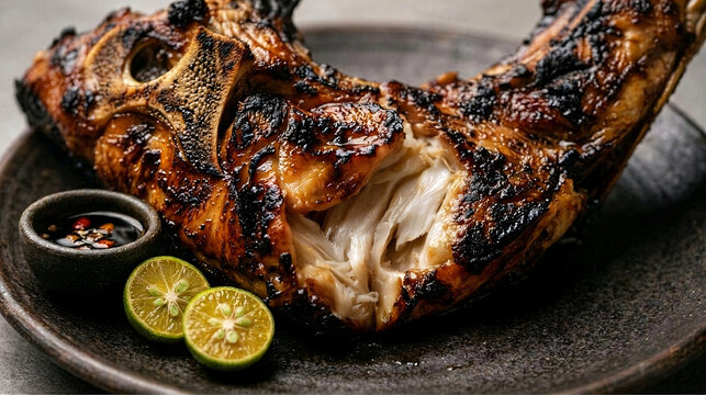  Close-up of richly glazed grilled fish collar with charred edges, citrus and dipping sauce on a rustic ceramic plate.
