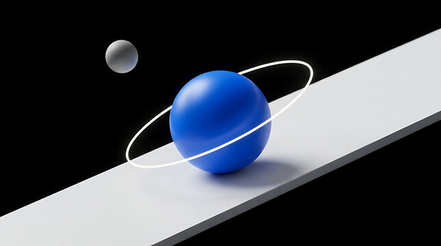 Abstract 3D render of a blue sphere with a glowing ring on a white pla