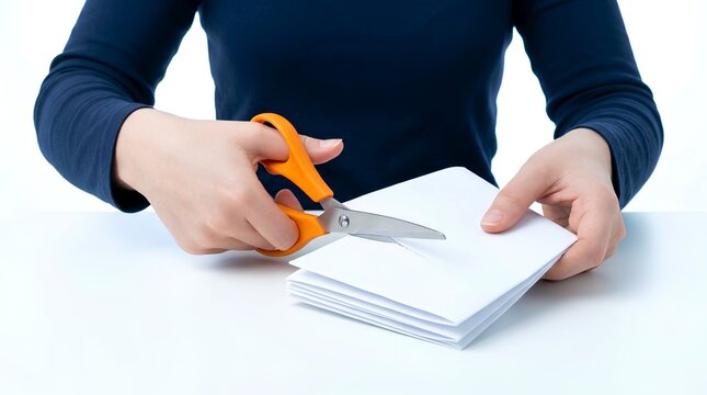 Woman Cutting Stack of Paper Documents with Scissors Corporate Cost Cutting and Budget Metaphor