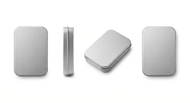 Matte Silver Sliding Aluminum Balm Tin Multi-Angle Product Showcase 4 Different Views on White Background