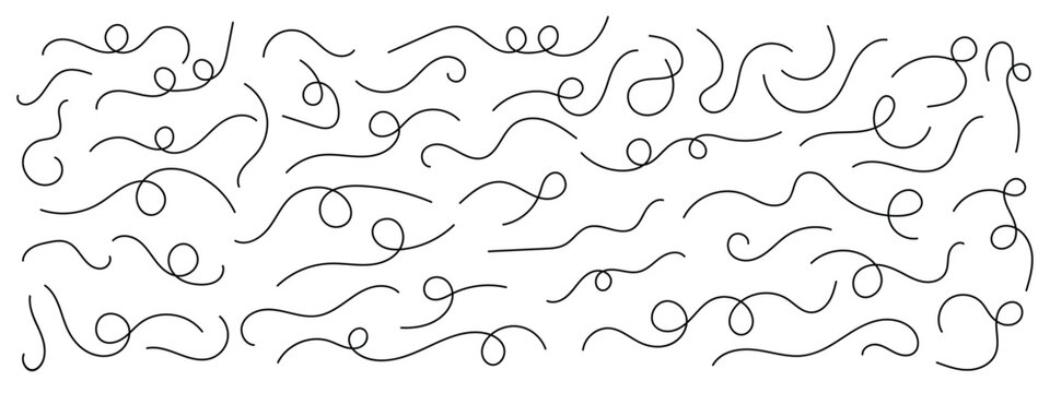 Curly wavy lines and loopy swirl vector elements set. Minimalist hand drawn scribble doodles for decorative graphic design. Black thin line squiggles isolated on white background.