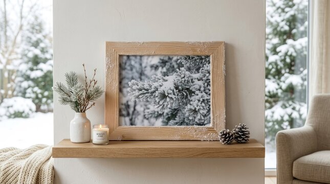 A cozy living room with a wooden mantel displaying a framed photograph of a snowy evergreen tree, accompanied by a vase of pine branches and a single lit candle.