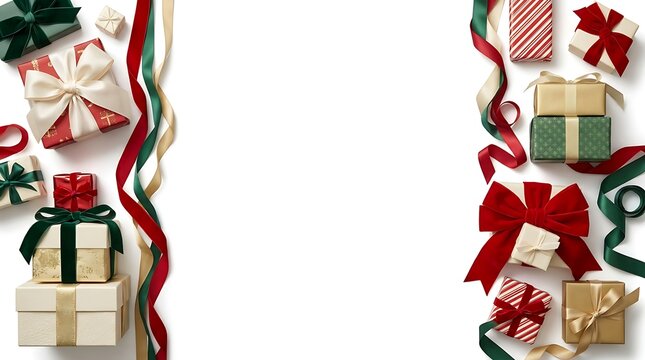 Christmas gift boxes with ribbons and pine branches arranged as side borders on a white background, for holiday greeting, card space