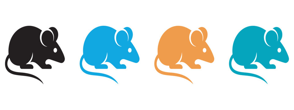 Mouse icon set, cute black blue orange and teal mouse symbols, simple flat style, rodent animal design elements, vector illustration.