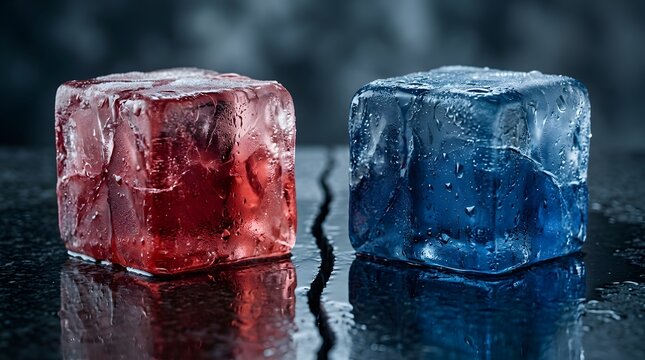 Red and blue ice cubes resting on a dark cracked surface