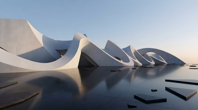Futuristic white architectural sculpture with curved shapes on dark fl
