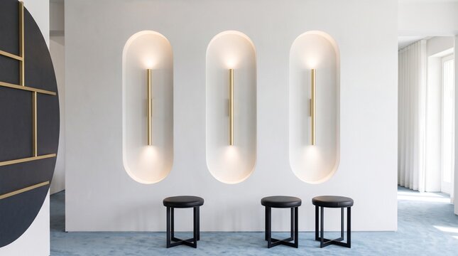 Minimalist Interior with Arched Wall Niches Gold Sconces and Black Stools Architecture Background