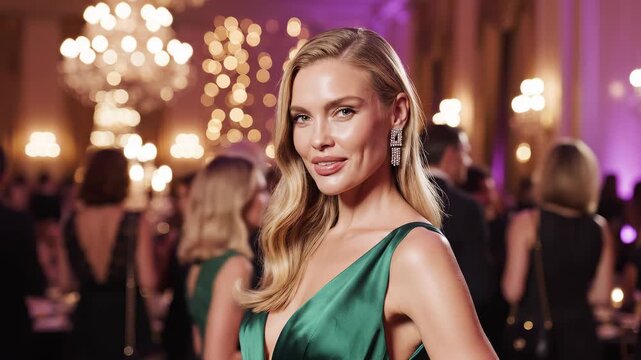Elegant beautiful woman in a green silk dress smiling at a formal celebration party