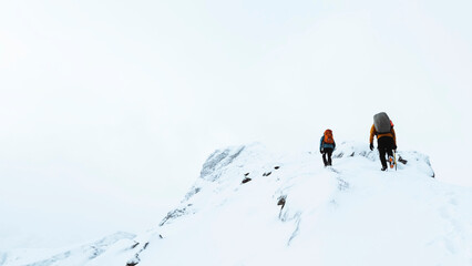 Fototapeta premium Hikers up in Reinebringen in the Lofoten Islands, Norway