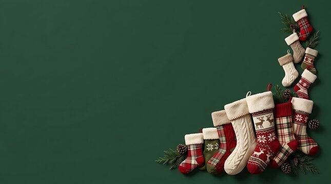 Group of small and large christmas stockings in red, green, and white with knitted and patterned textures on a dark green background