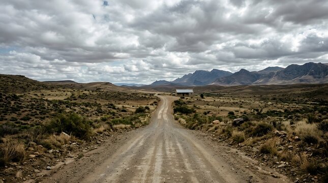 Long dirt road leading to a small house in the mountain valley