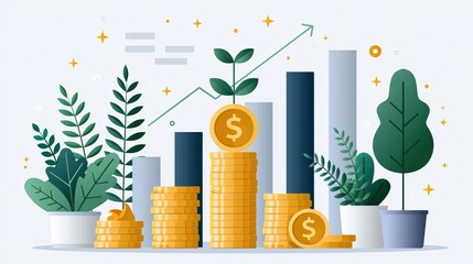 Obraz premium Golden coins stacked high with growing plants and ascending graph symbolizing financial growth and investment success