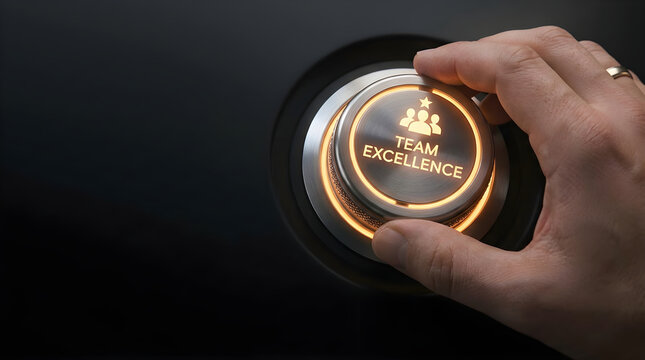 Business professional hand turning metal dial to activate team excellence mode