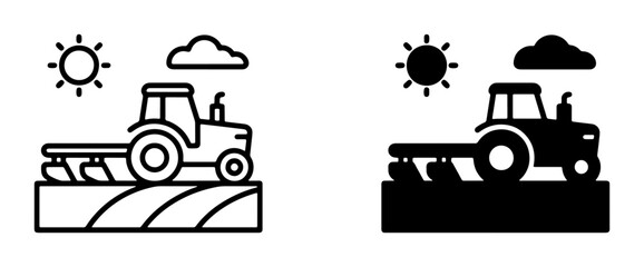 Fototapeta premium Tractor Plowing Field, Agricultural Scene Icons: Line Art and Silhouette, Sunny Day, Rural Farming Concept