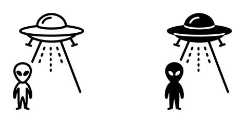 Alien Encounter Icons, UFO Abduction Symbols, Extraterrestrial Contact Graphics, Space Sci-Fi Vector Art, Black and White © Rezbi