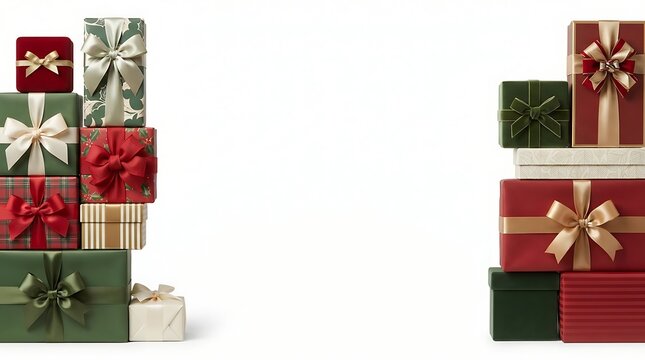 Two stacks of wrapped christmas gift boxes with ribbons and bows on a white background, for holiday shopping, and seasonal celebration