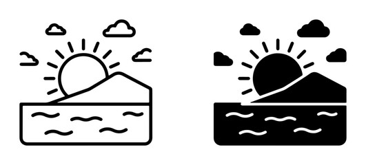 Sunrise Over Ocean Icon Set, Minimalist Horizon Landscape, Sun Rays and Clouds, Vector Graphics for Travel and Nature Themes © Rezbi