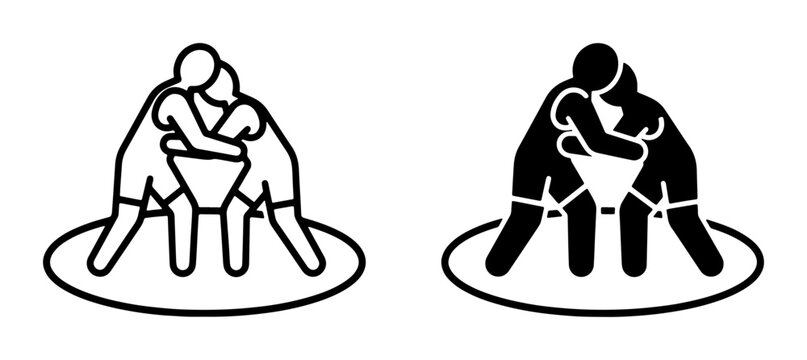 Wrestling Icons, Grappling Combat Sport Silhouette, Two Wrestlers in Action, Athletic Competition Graphics, Black and White Vector Art