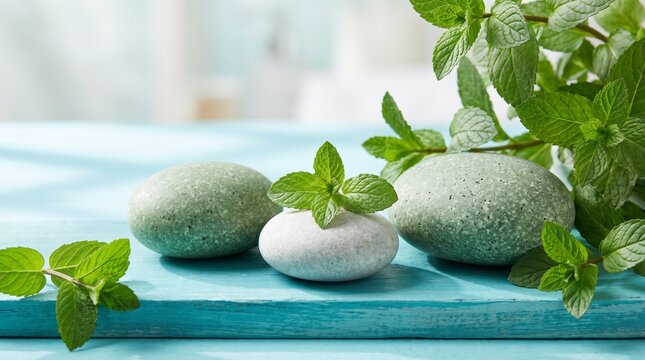 Fresh Mint Leaves and Smooth Spa Zen Stones on Blue Wooden Table Background Concept