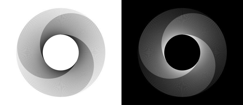 Spiral made of thin lines of varying thickness in three segments forming a circle, shown in two color variants, black on white and white on black background.